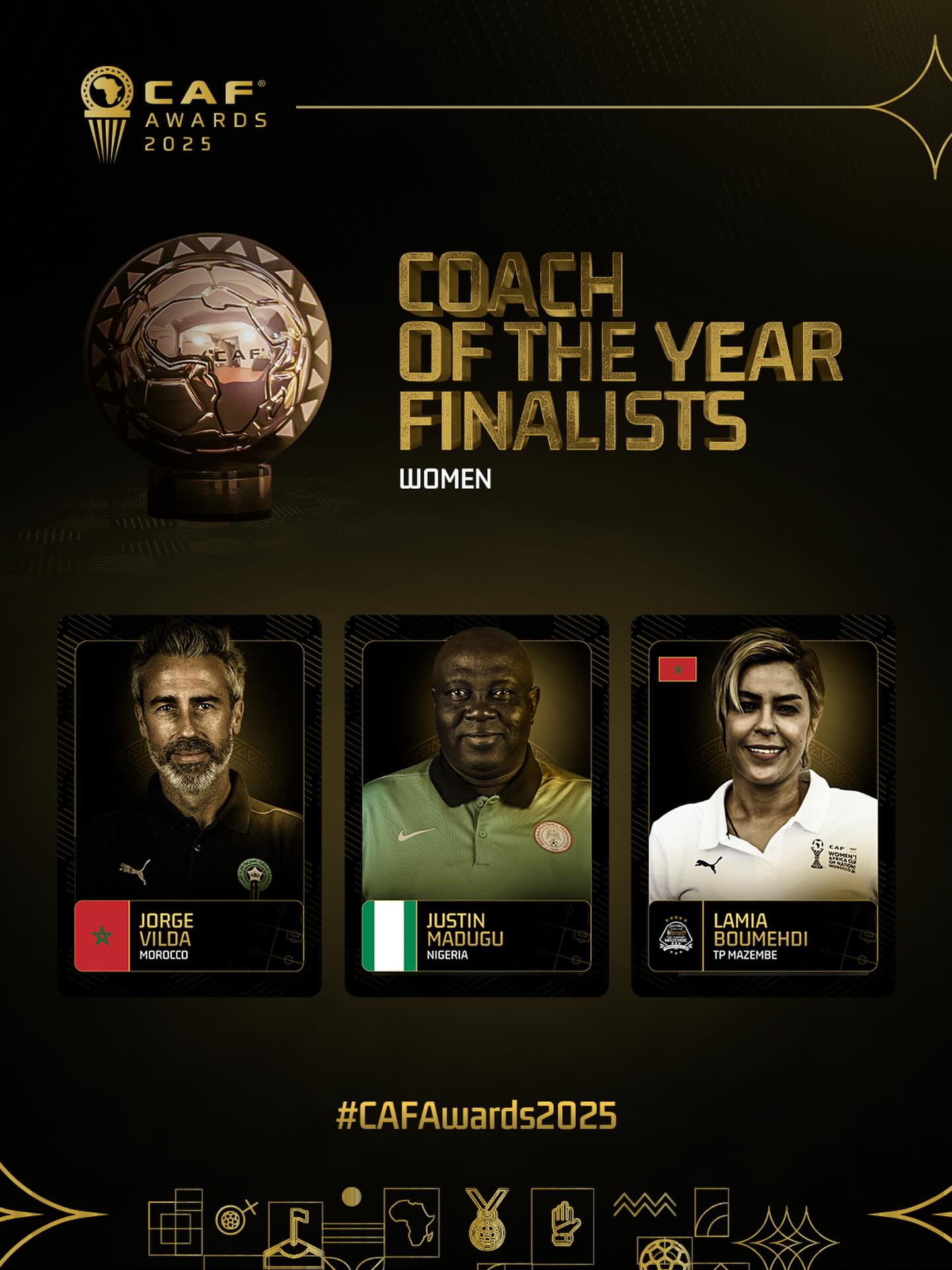 Affiche CAF Awards 2025 des finalistes entraîneuse de l'année